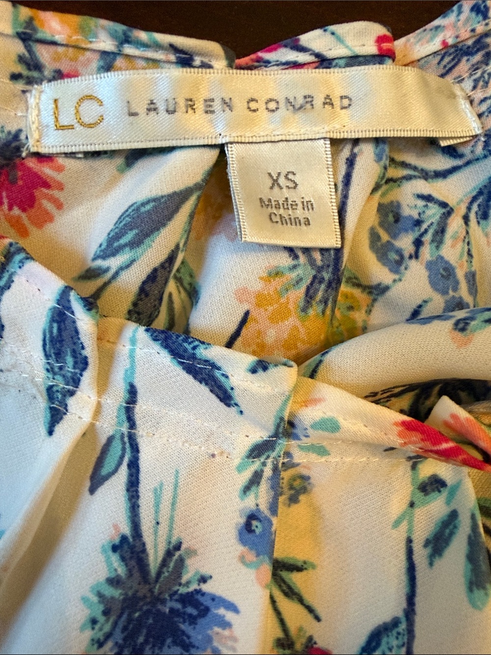 LC Lauren Conrad Cream Floral Short Sleeve Blouse with Blue and Pink Accents - Picture 2 of 3